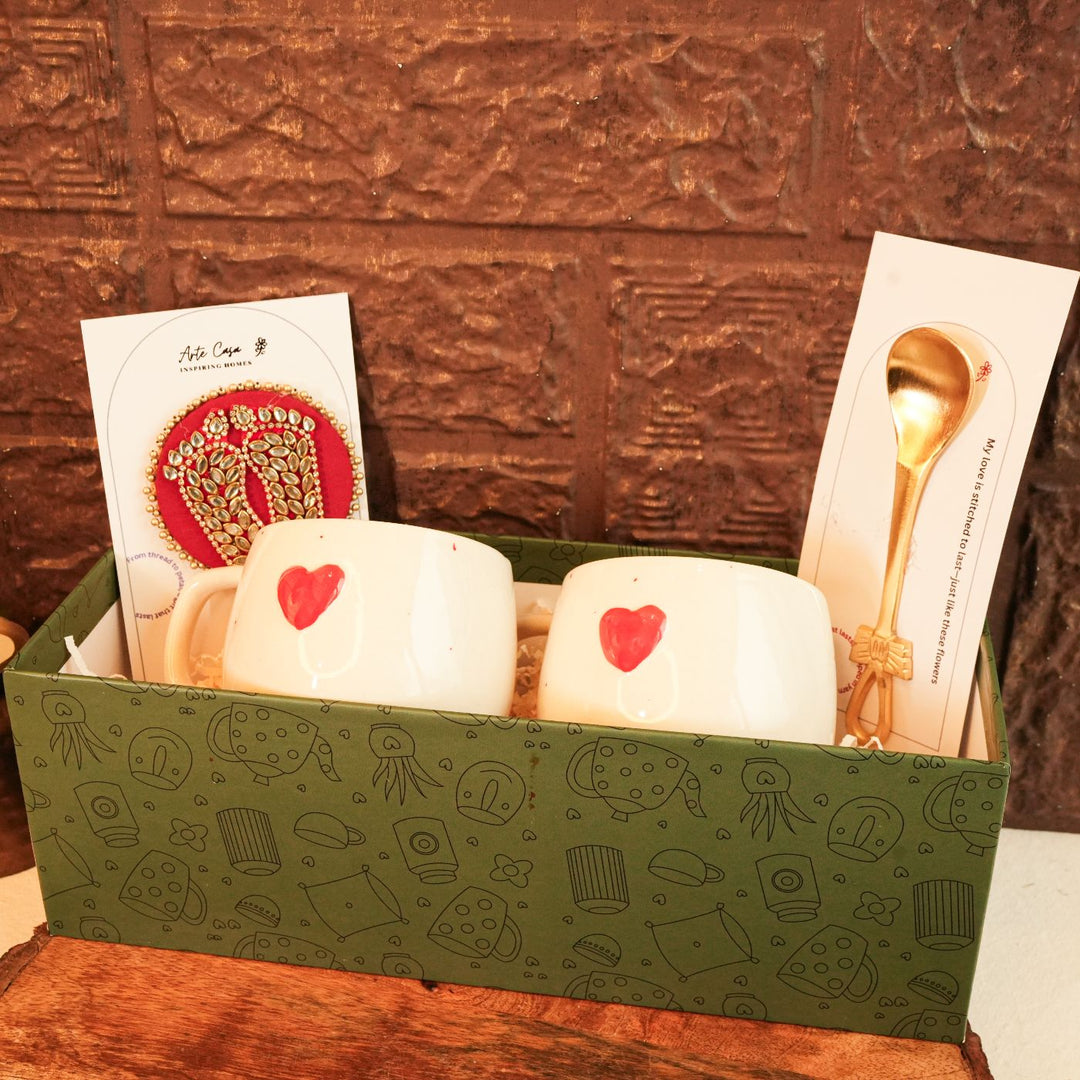 Dil Se Diwali Gift Hamper | Includes 2 Heart Mugs, 2 Brass Spoons, 1 Lakshmi Charan, 1 Diwali Card, 1 Gift Box