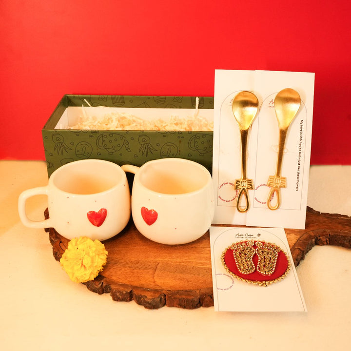 Dil Se Diwali Gift Hamper | Includes 2 Heart Mugs, 2 Brass Spoons, 1 Lakshmi Charan, 1 Diwali Card, 1 Gift Box