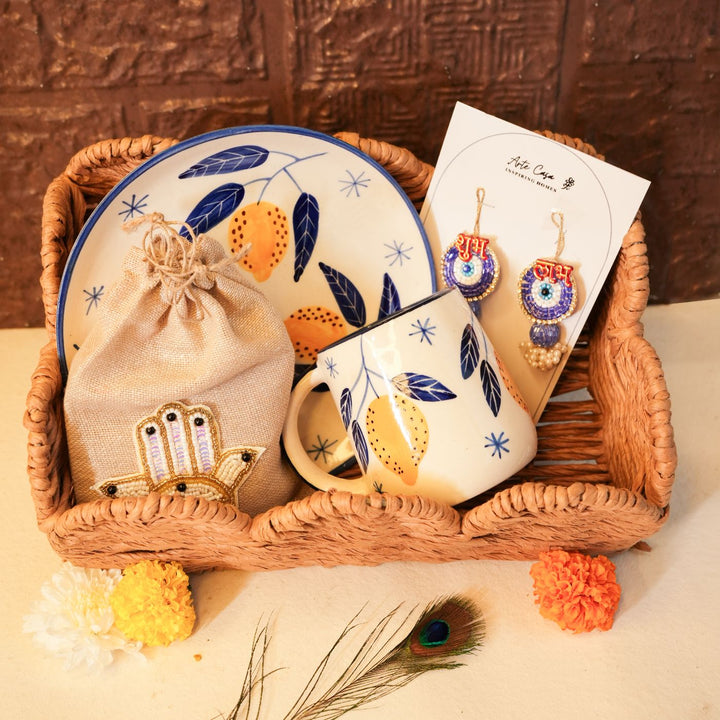 Sattvik Start Diwali Gift Hamper | Includes 1 Plate, 1 Mug, 1 Dry Fruit Potli, 2 Hangings, 1 Diwali Card, 1 Basket
