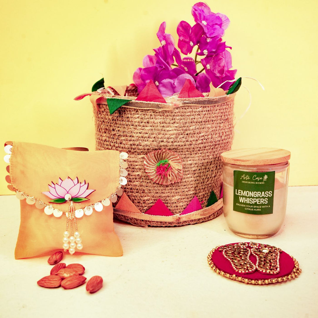 Eco Utsav Mini Diwali Gift Hamper | Includes 1 Lakshmi Charan, 1 Candle, 1 Dry Fruit Potli, 1 Decor Flower Bunch, 1 Diwali Card, 1 Jute Basket