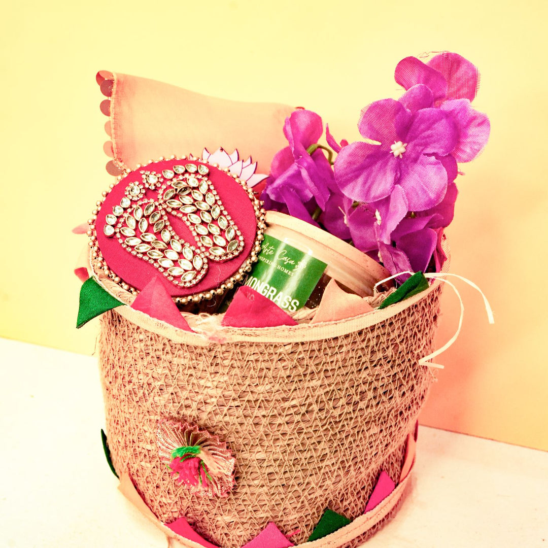 Eco Utsav Mini Diwali Gift Hamper | Includes 1 Lakshmi Charan, 1 Candle, 1 Dry Fruit Potli, 1 Decor Flower Bunch, 1 Diwali Card, 1 Jute Basket