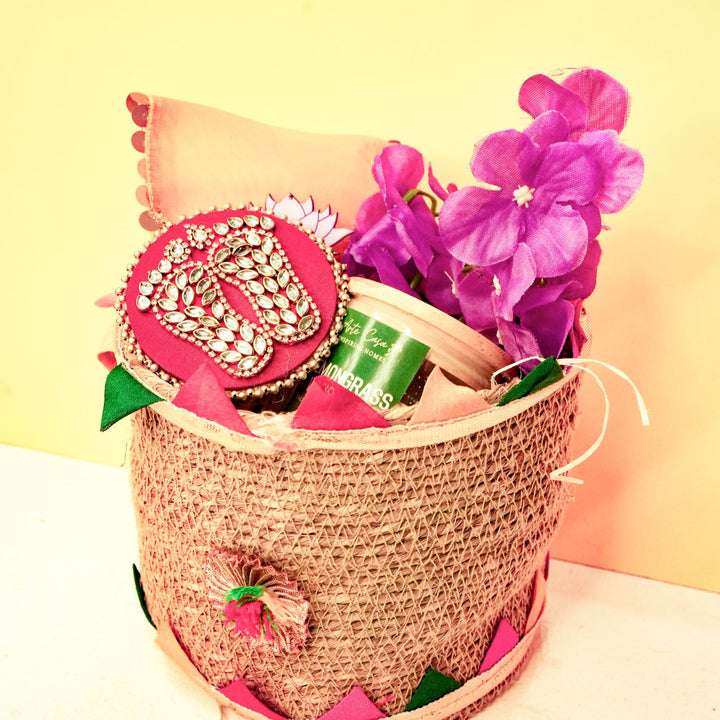 Eco Utsav Mini Diwali Gift Hamper | Includes 1 Lakshmi Charan, 1 Candle, 1 Dry Fruit Potli, 1 Decor Flower Bunch, 1 Diwali Card, 1 Jute Basket