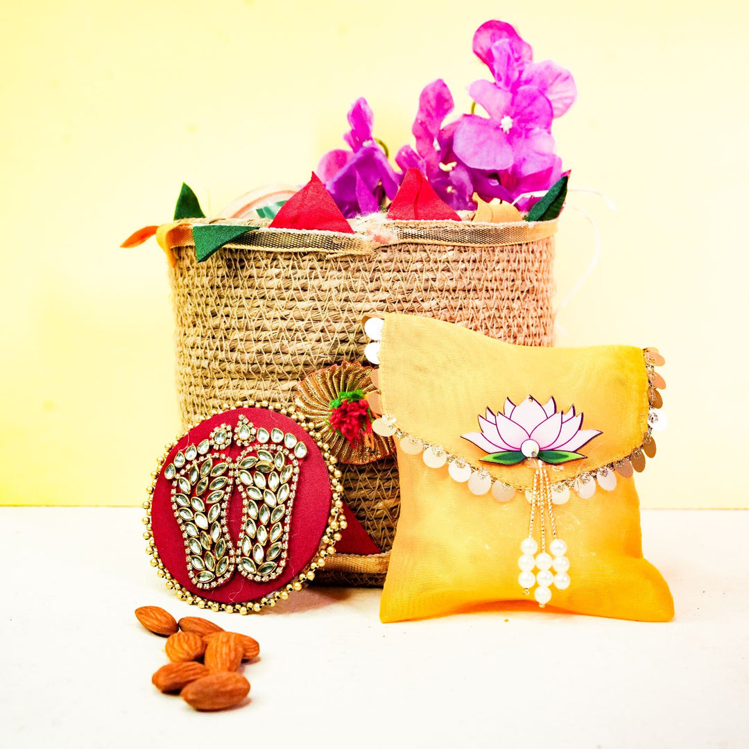 Eco Utsav Mini Diwali Gift Hamper | Includes 1 Lakshmi Charan, 1 Candle, 1 Dry Fruit Potli, 1 Decor Flower Bunch, 1 Diwali Card, 1 Jute Basket