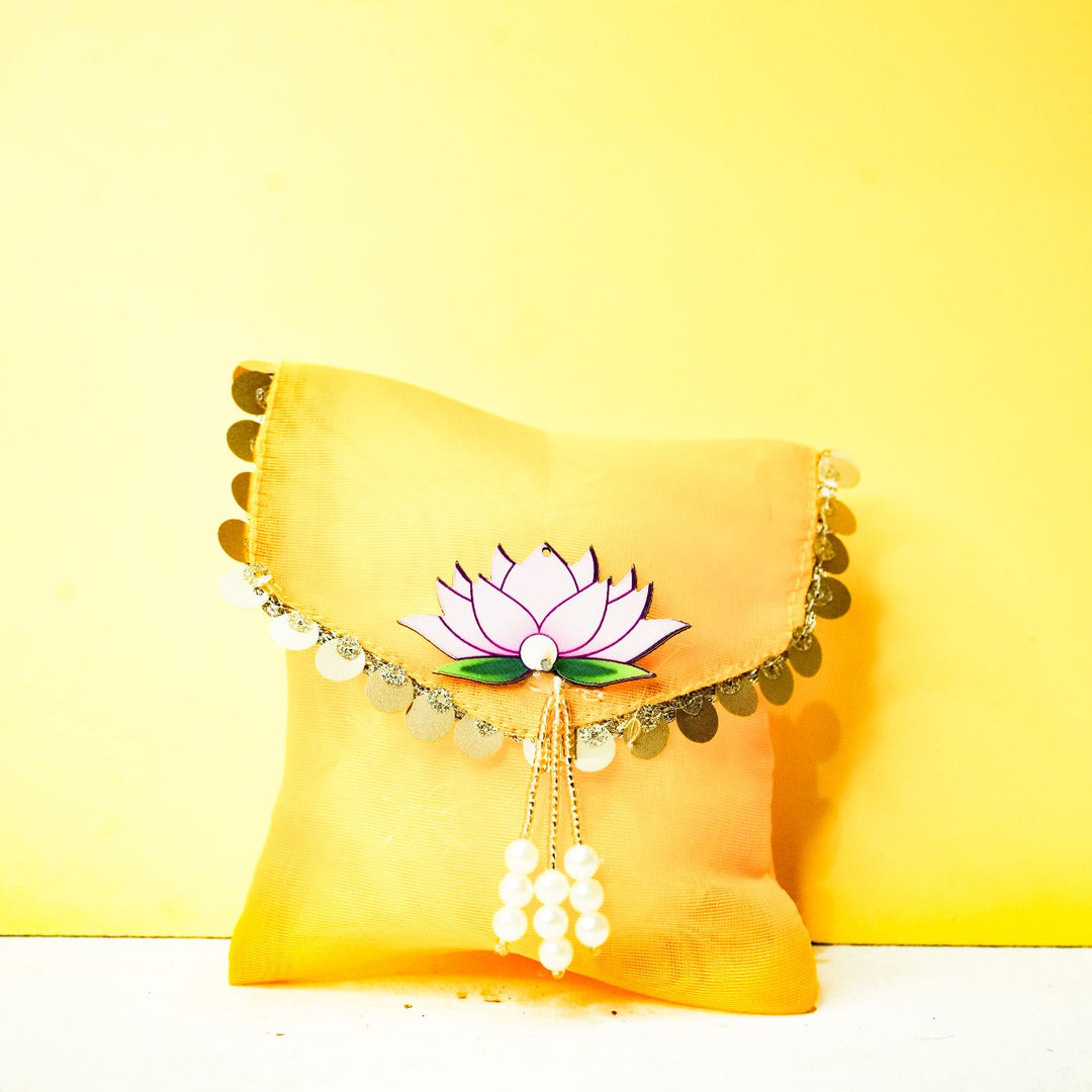 Eco Utsav Mini Diwali Gift Hamper | Includes 1 Lakshmi Charan, 1 Candle, 1 Dry Fruit Potli, 1 Decor Flower Bunch, 1 Diwali Card, 1 Jute Basket