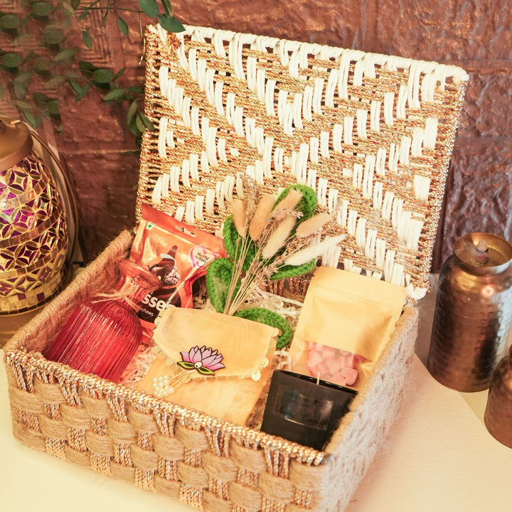 Golden Grace Diwali Gift Hamper | Includes 1 Vase, 1 Dried Flower Bunch, 1 Chocolate, 1 Candle, 2 Hangings, 1 Wax Melts Pack, 1 Match Box, 1 Diwali Card, 1 Organiser Gift Box