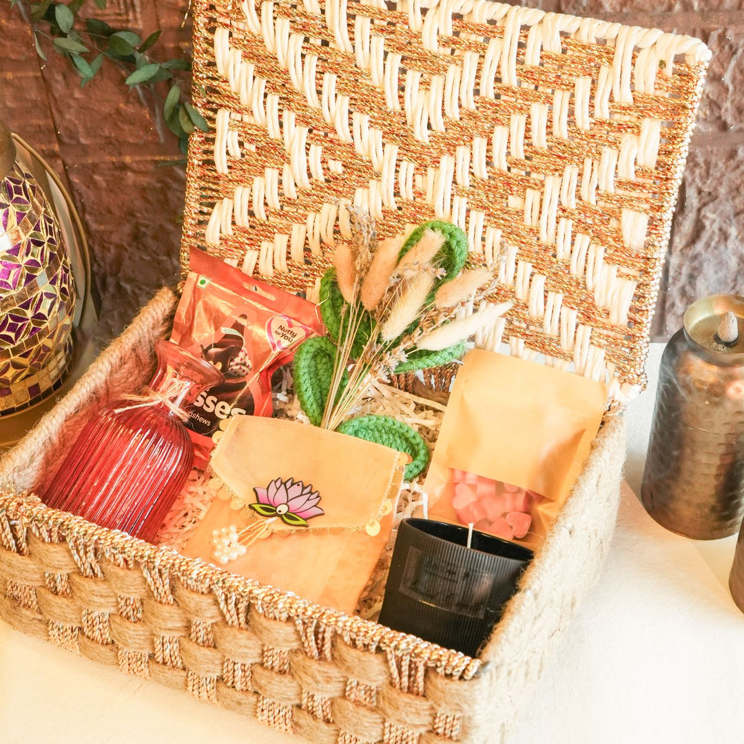 Golden Grace Diwali Gift Hamper | Includes 1 Vase, 1 Dried Flower Bunch, 1 Chocolate, 1 Candle, 2 Hangings, 1 Wax Melts Pack, 1 Match Box, 1 Diwali Card, 1 Organiser Gift Box