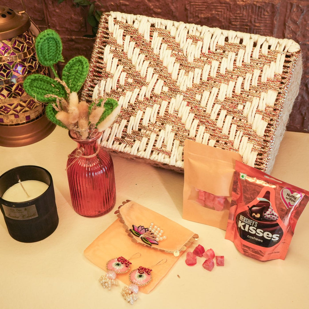 Golden Grace Diwali Gift Hamper | Includes 1 Vase, 1 Dried Flower Bunch, 1 Chocolate, 1 Candle, 2 Hangings, 1 Wax Melts Pack, 1 Match Box, 1 Diwali Card, 1 Organiser Gift Box