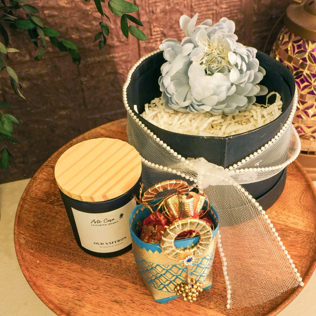 Sneh Chakra Diwali Gift Hamper | Includes 1 Candle, 1 Decor Flower, 1 Dry Fruit Potli, 1 Diwali Card, 1 Round Gift Box