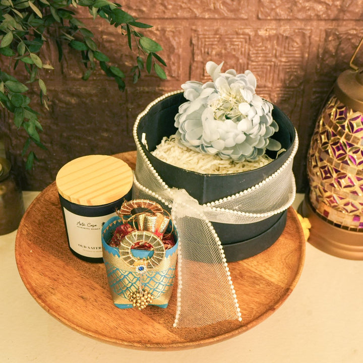 Sneh Chakra Diwali Gift Hamper | Includes 1 Candle, 1 Decor Flower, 1 Dry Fruit Potli, 1 Diwali Card, 1 Round Gift Box