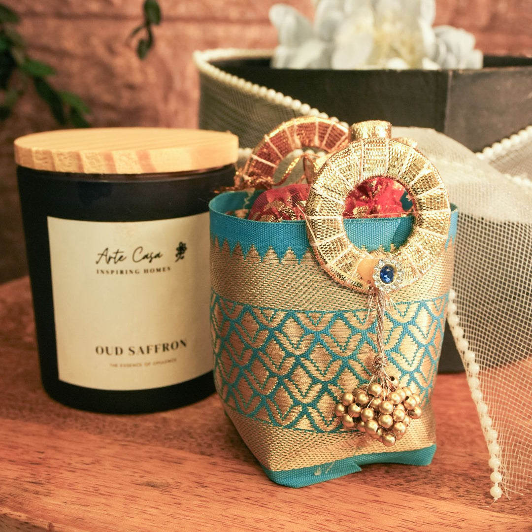 Sneh Chakra Diwali Gift Hamper | Includes 1 Candle, 1 Decor Flower, 1 Dry Fruit Potli, 1 Diwali Card, 1 Round Gift Box