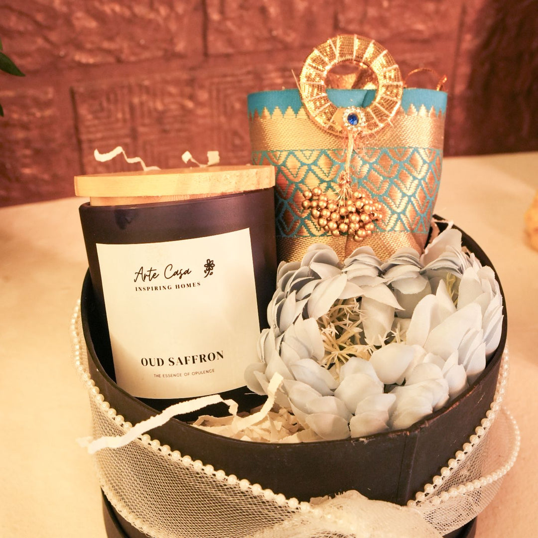 Sneh Chakra Diwali Gift Hamper | Includes 1 Candle, 1 Decor Flower, 1 Dry Fruit Potli, 1 Diwali Card, 1 Round Gift Box