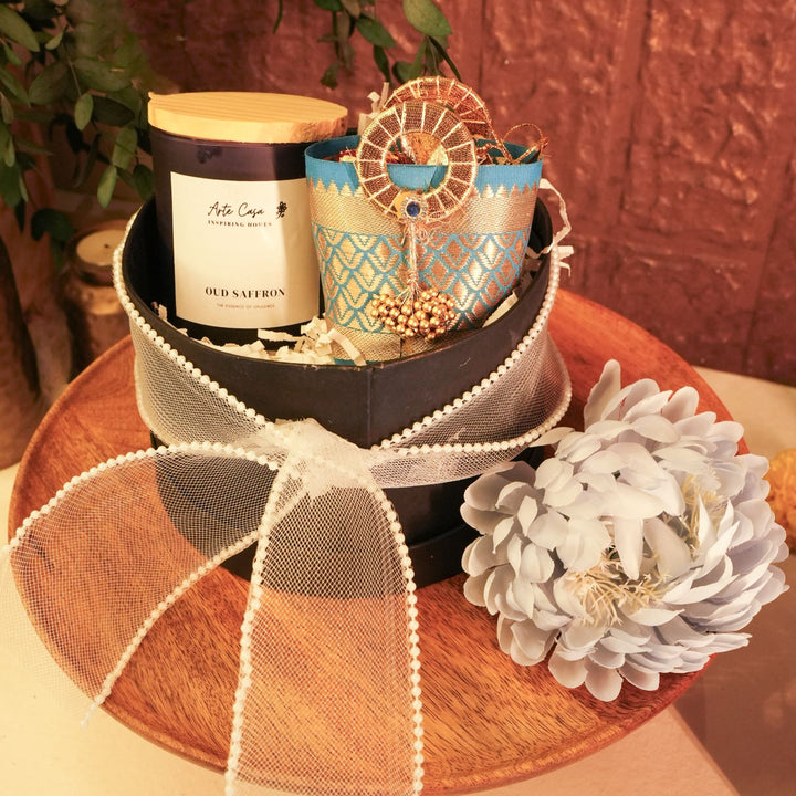 Sneh Chakra Diwali Gift Hamper | Includes 1 Candle, 1 Decor Flower, 1 Dry Fruit Potli, 1 Diwali Card, 1 Round Gift Box