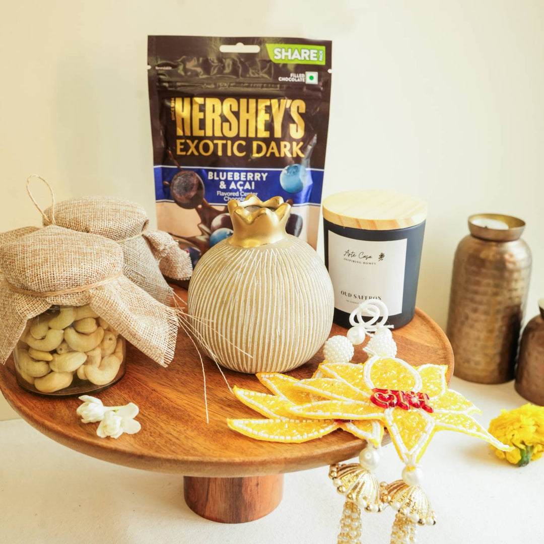 Diwali Delight Gift Hamper | Includes 1 Vase, 1 Candle, 1 Hershey's Chocolate, 2 Dry Fruit Jars, 2 Hangings, 1 Diwali Card, 1 Gift Box