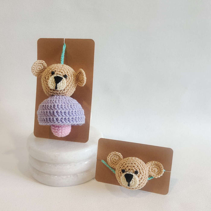 Handmade Crochet Teddy Hug Kids Rakhi With Roli Chawal - Packaged Front View of Bears