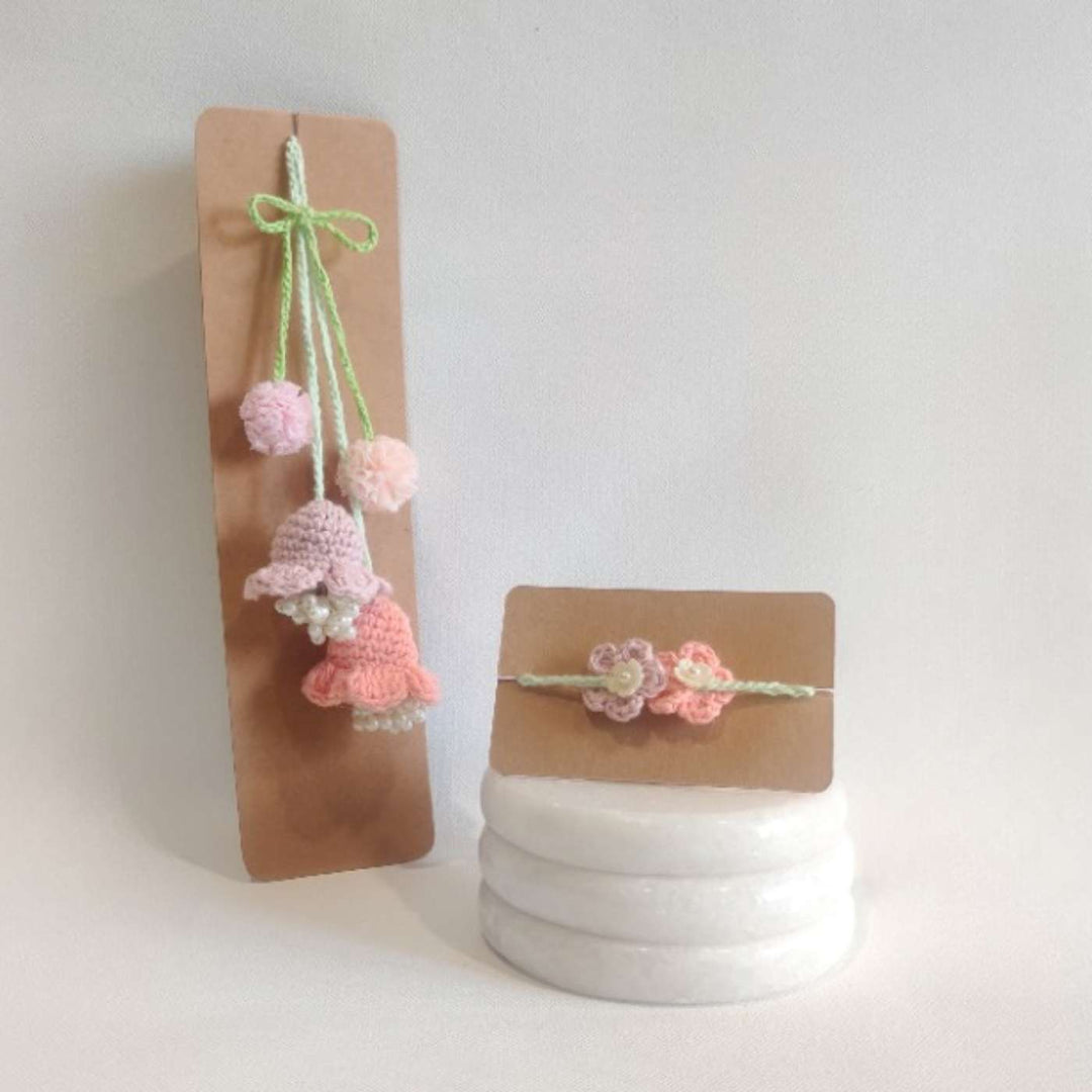 Handmade Crochet Forever Flowers Kids Rakhi With Roli Chawal - Product Set Display