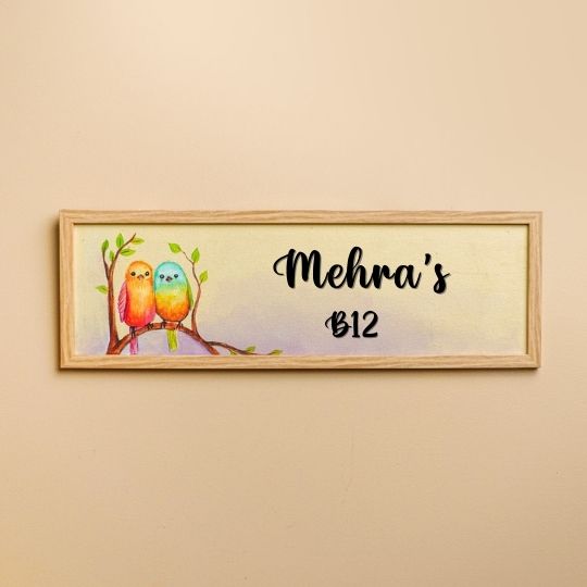 Personalized Love Birds Theme Mdf Wood Name Plate - Front View with Name Personalization