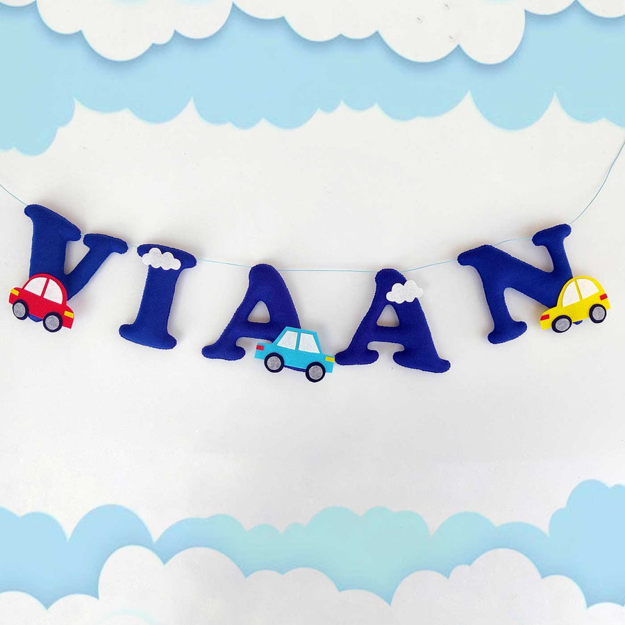 Handcrafted Personalized Car Theme Felt Bunting - Hanging Name Garland Front View