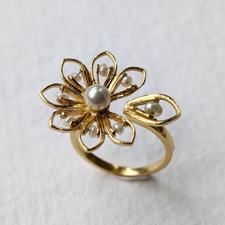 Handmade Celestial Flower 22k Gold Plated Silver Ring