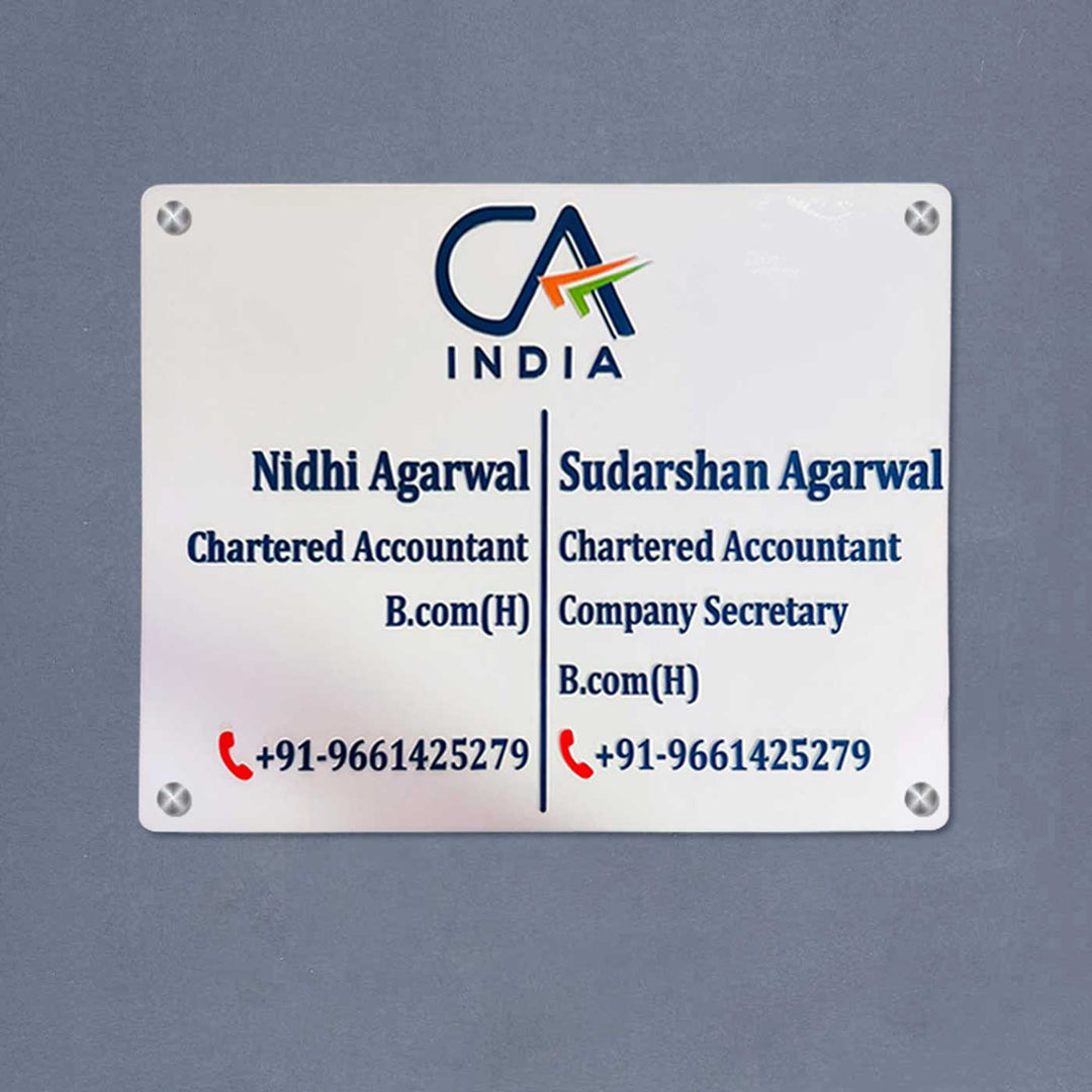 Personalized Waterproof Chartered Accountant Acrylic Name Plate - Front View on Wall Background