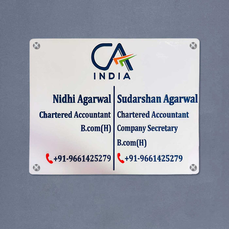 Personalized Waterproof Chartered Accountant Acrylic Name Plate - Front View on Wall Background