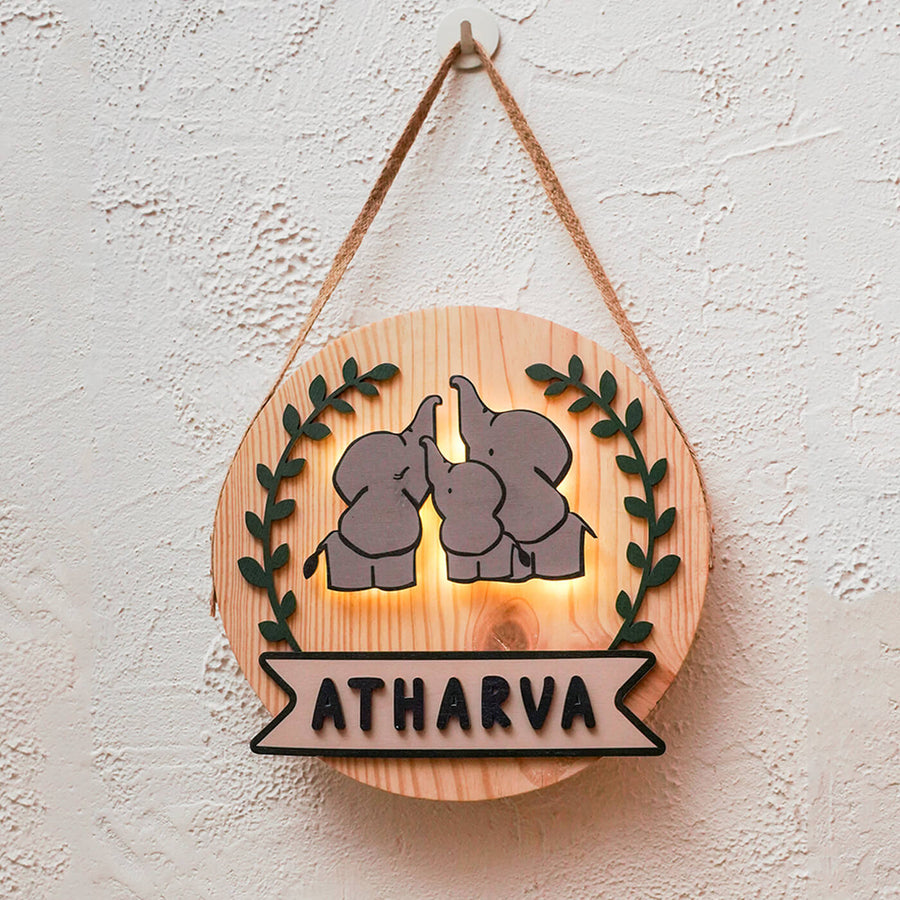 Kids Circular 3D Dino Elephant Themed Name Plate With Lights - Hanging on Wall Display