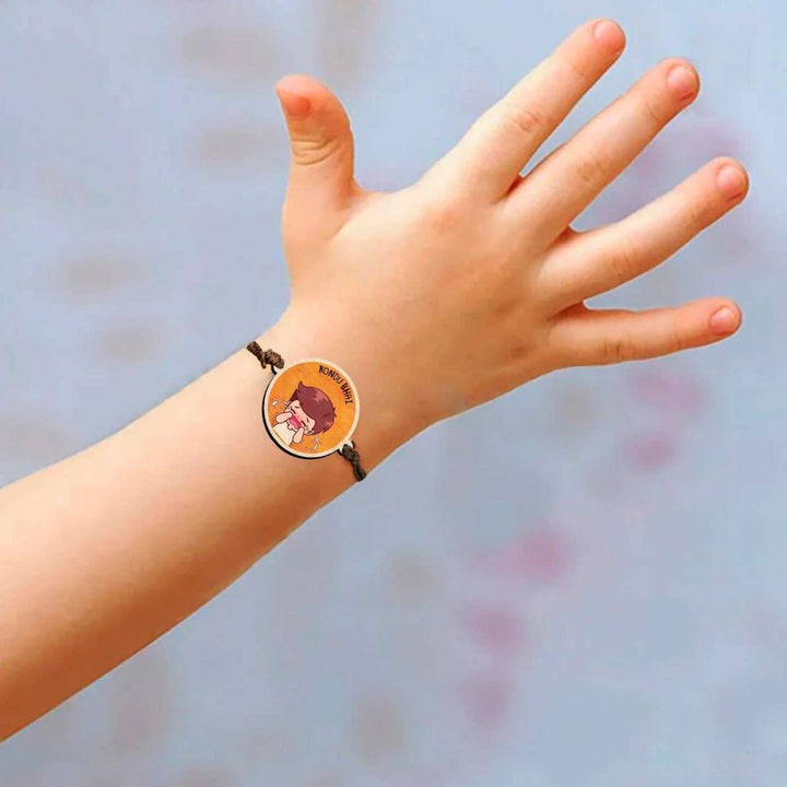 Handmade Rondu Bhai Wooden Rakhi With Roli Chawal - Worn on child's wrist