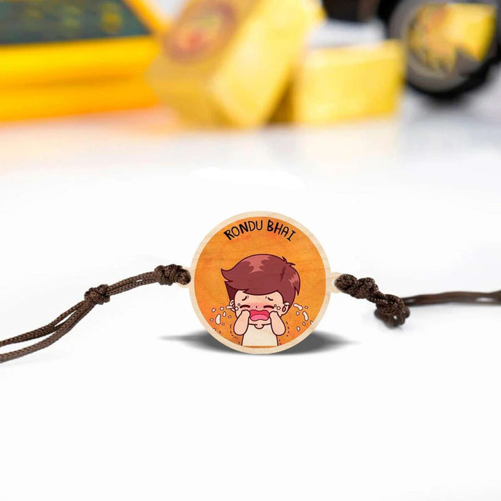 Handmade Rondu Bhai Wooden Rakhi With Roli Chawal - Rakhi in gift box packaging