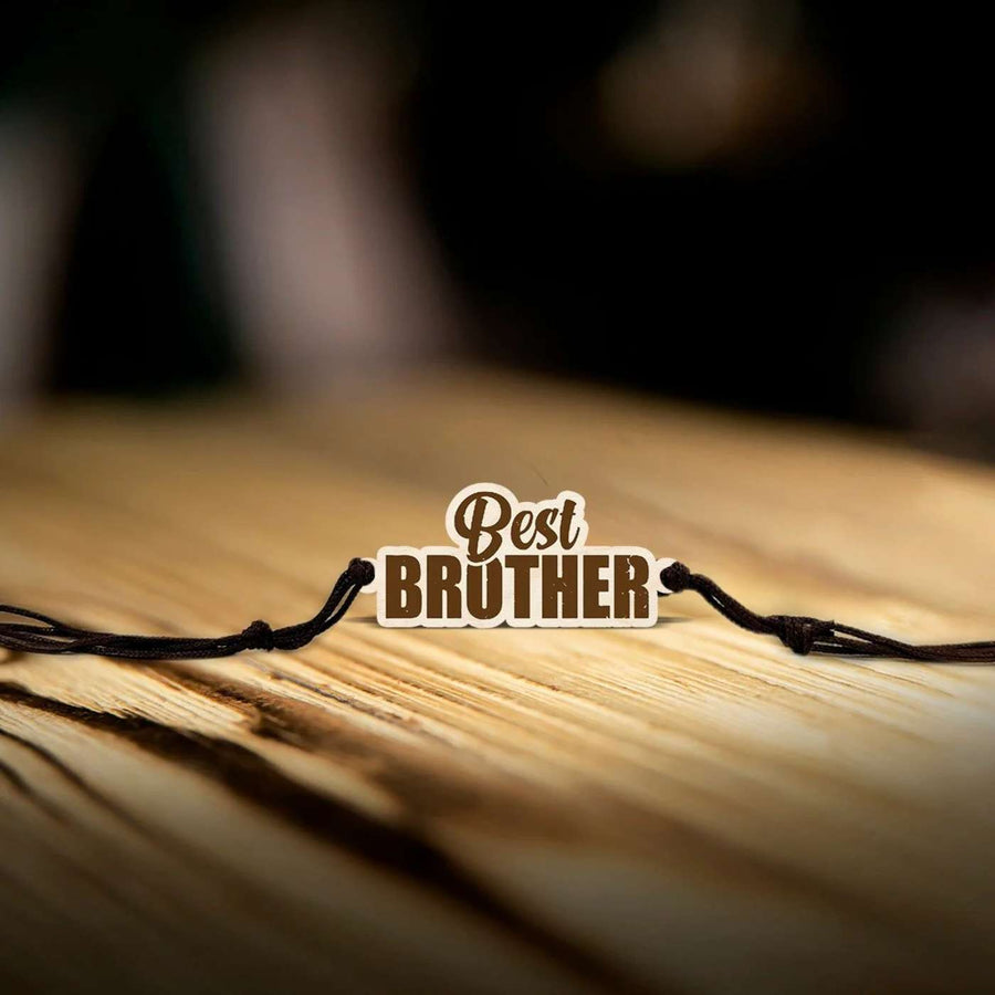 Handmade Best Brother Wooden Rakhi With Roli Chawal - Close-up on bracelet text detail