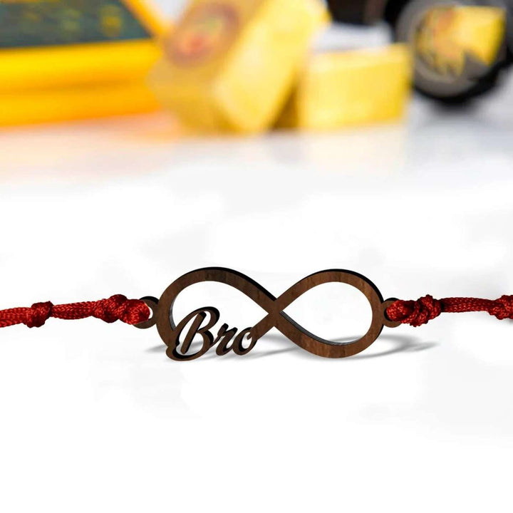 Handmade Bro Love Wooden Rakhi With Roli Chawal - Close-up Front View