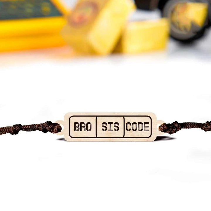Handmade Bro Sis Code Wooden Rakhi With Roli Chawal - Close-up Front View