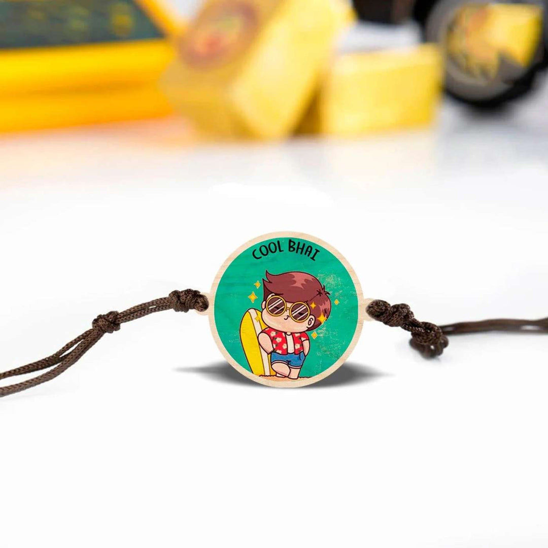 Handmade Cool Bhai Wooden Rakhi With Roli Chawal - Rakhi with colored powders in background