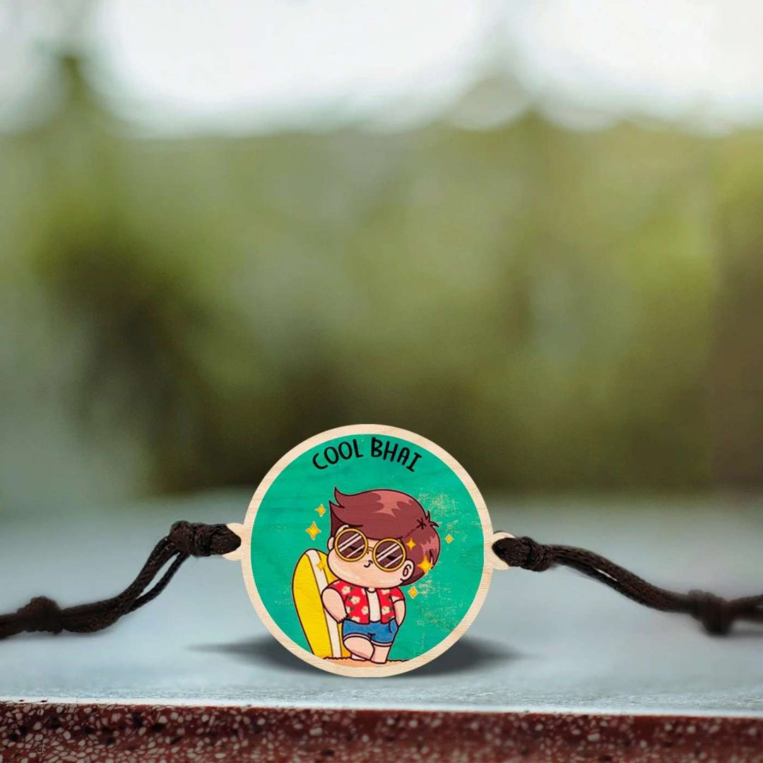 Handmade Cool Bhai Wooden Rakhi With Roli Chawal - Close-up of flat Rakhi face