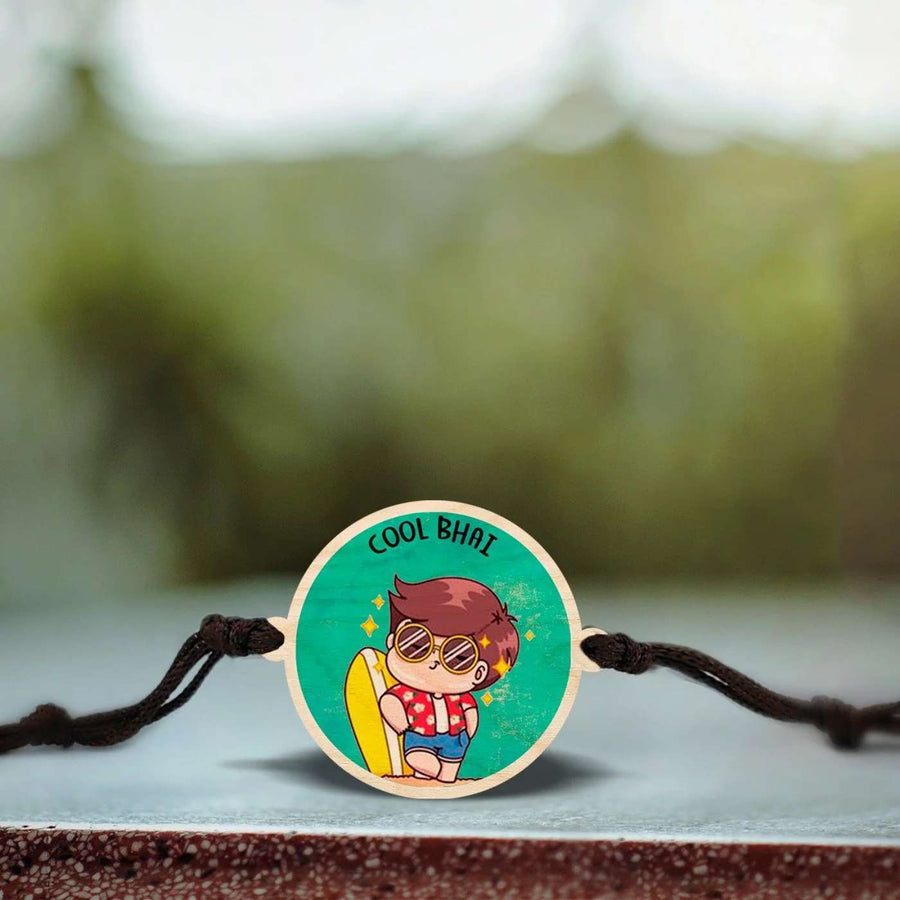 Handmade Cool Bhai Wooden Rakhi With Roli Chawal - Close-up of flat Rakhi face