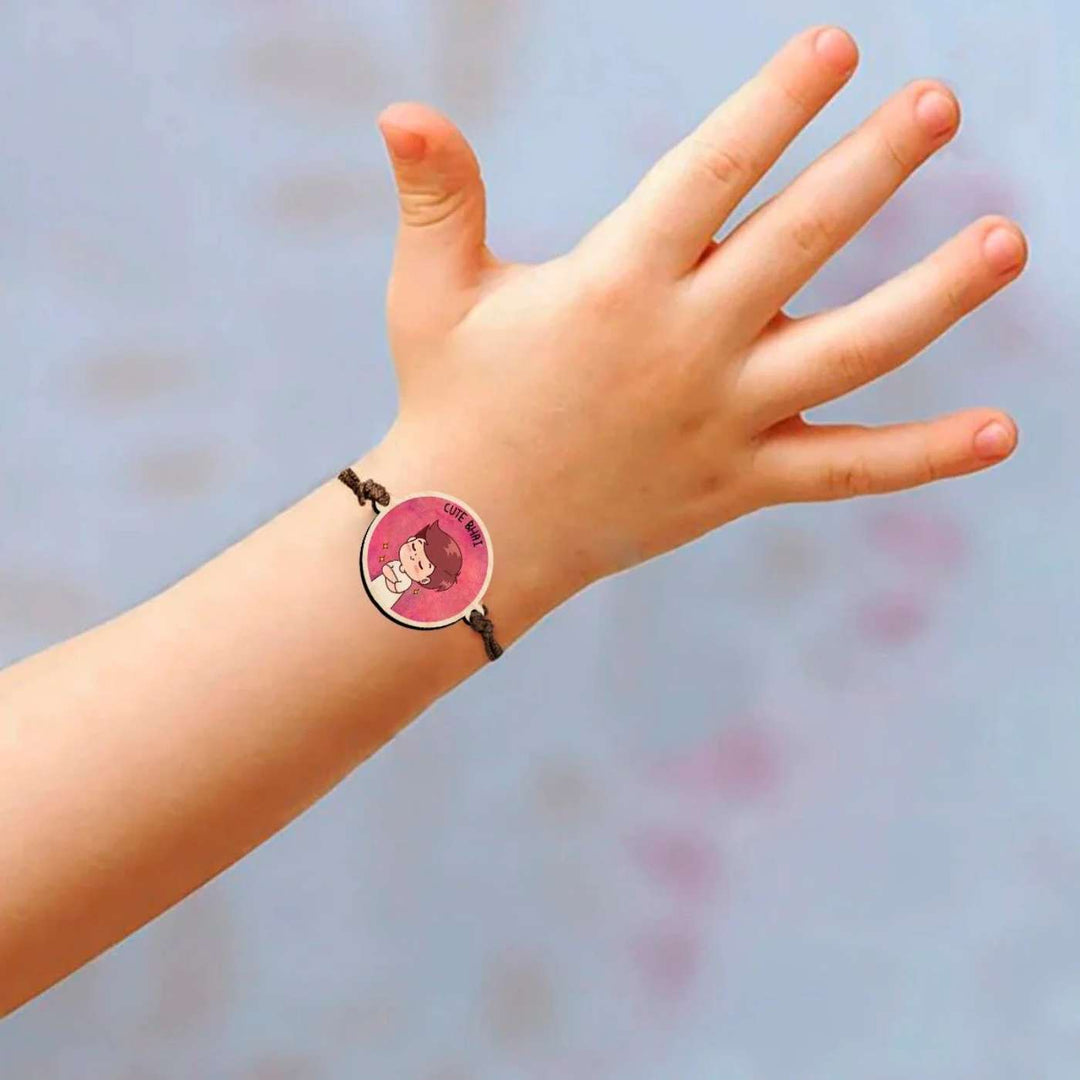 Handmade Cute Bhai Wooden Rakhi With Roli Chawal - Worn on child’s wrist