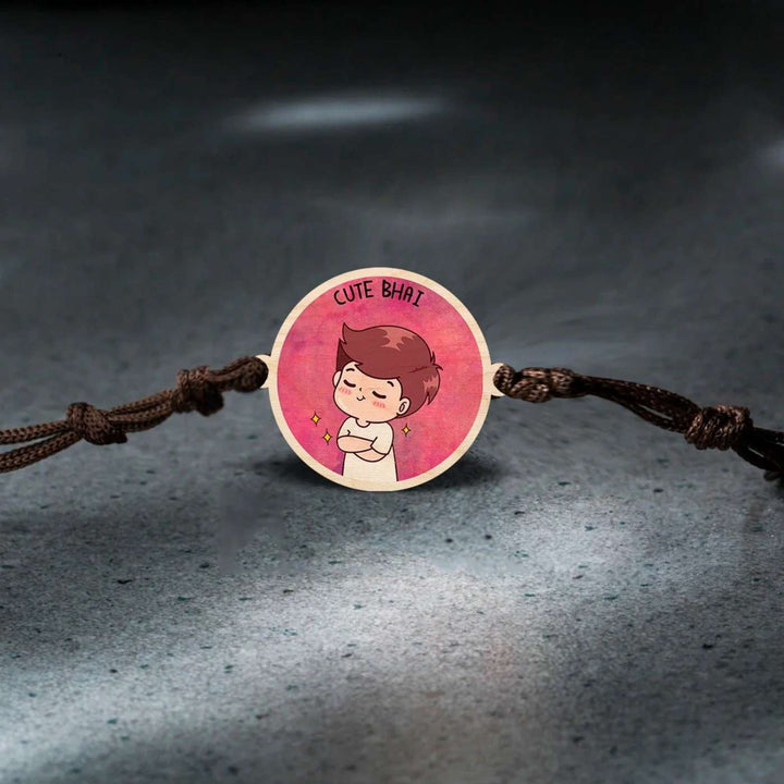 Handmade Cute Bhai Wooden Rakhi With Roli Chawal - Rakhi on textured dark background