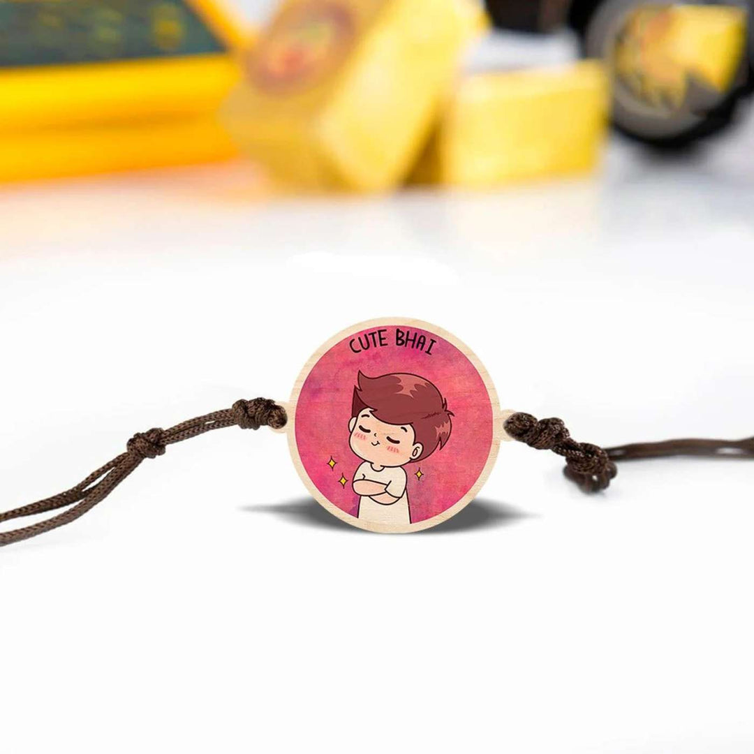 Handmade Cute Bhai Wooden Rakhi With Roli Chawal - Rakhi standing upright on white background