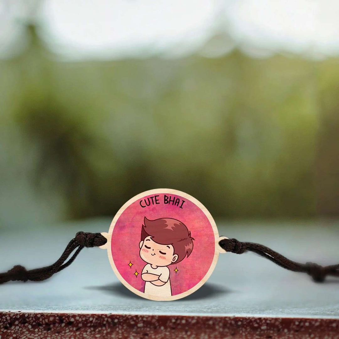 Handmade Cute Bhai Wooden Rakhi With Roli Chawal - Close-up of Rakhi face design