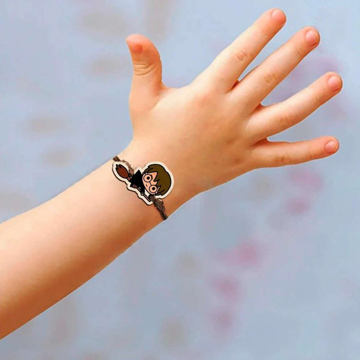 Handmade Harry Potter Broom Wooden Kids Rakhi With Roli Chawal - Worn on child's wrist