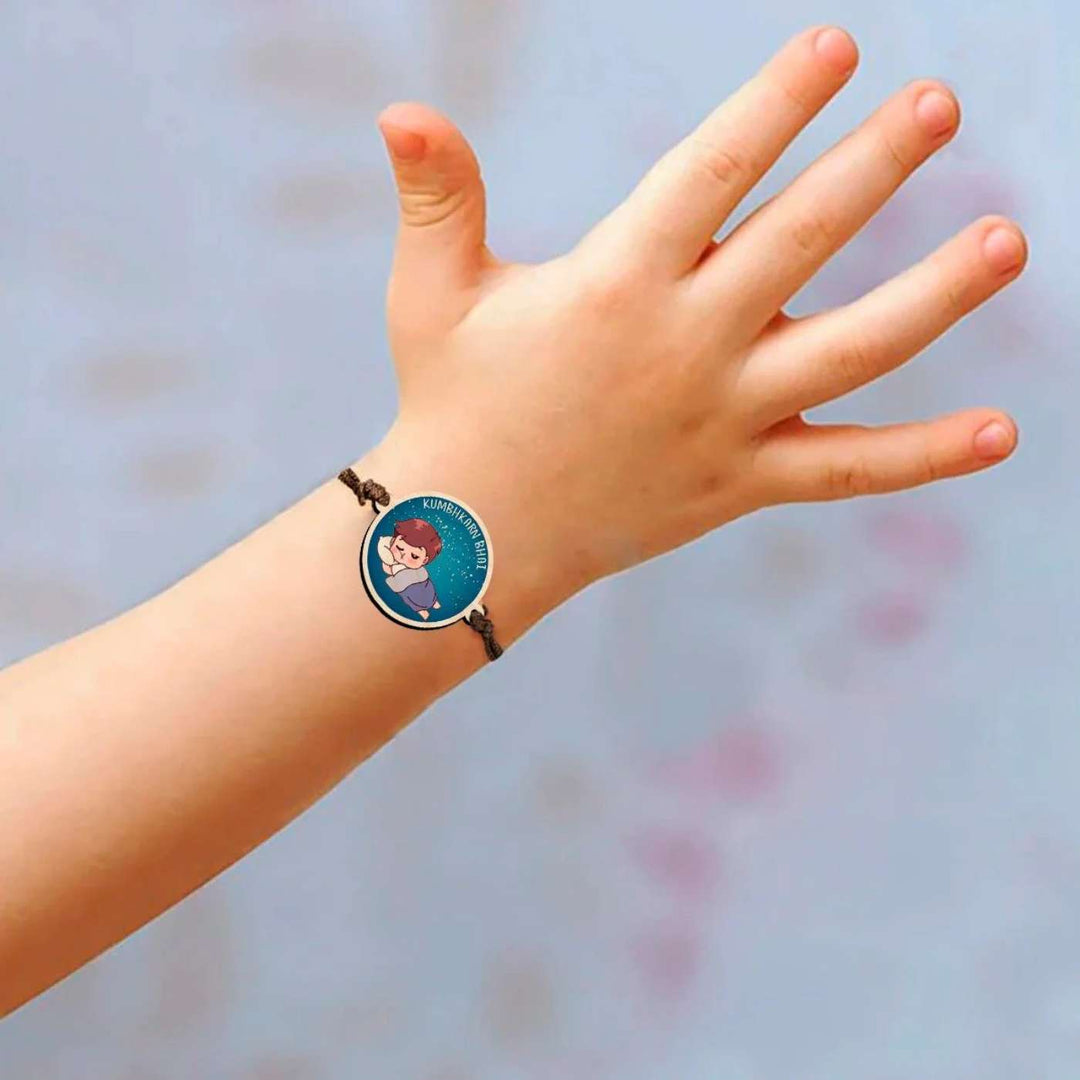 Handmade Kumbhkaran Bhai Wooden Rakhi With Roli Chawal - Worn on Child's Wrist