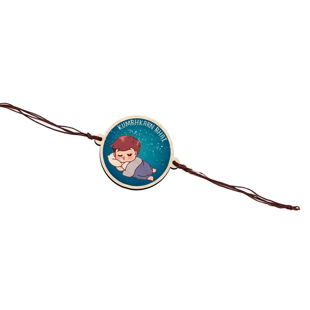 Handmade Kumbhkaran Bhai Wooden Rakhi With Roli Chawal - Flat Lay Isolated View