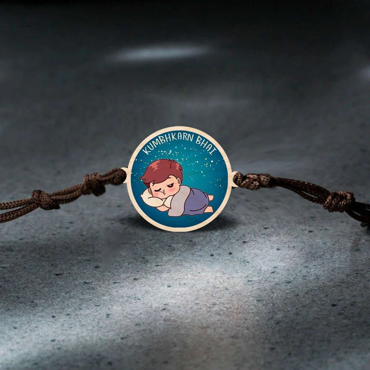 Handmade Kumbhkaran Bhai Wooden Rakhi With Roli Chawal - Close-up on Textured Surface