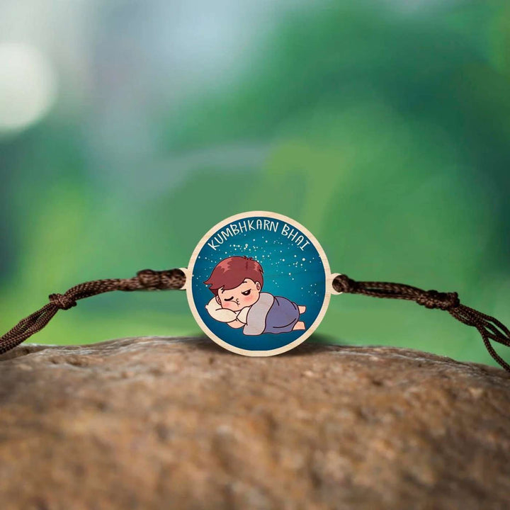 Handmade Kumbhkaran Bhai Wooden Rakhi With Roli Chawal - Close-up on Natural Surface