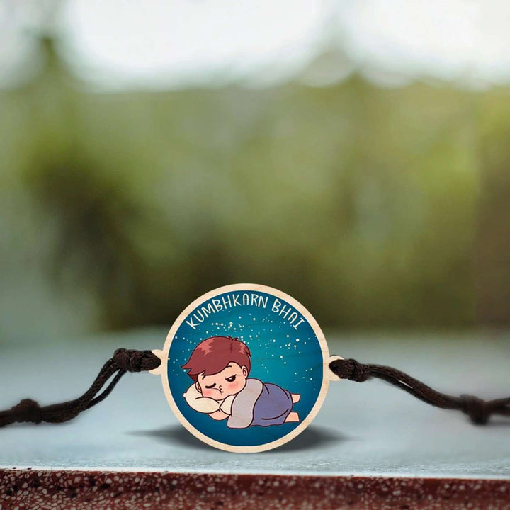 Handmade Kumbhkaran Bhai Wooden Rakhi With Roli Chawal - Close-up Front View