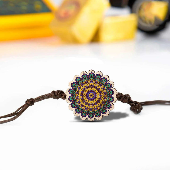 Handmade Mandala Wooden Rakhi With Roli Chawal - Close-up Front View