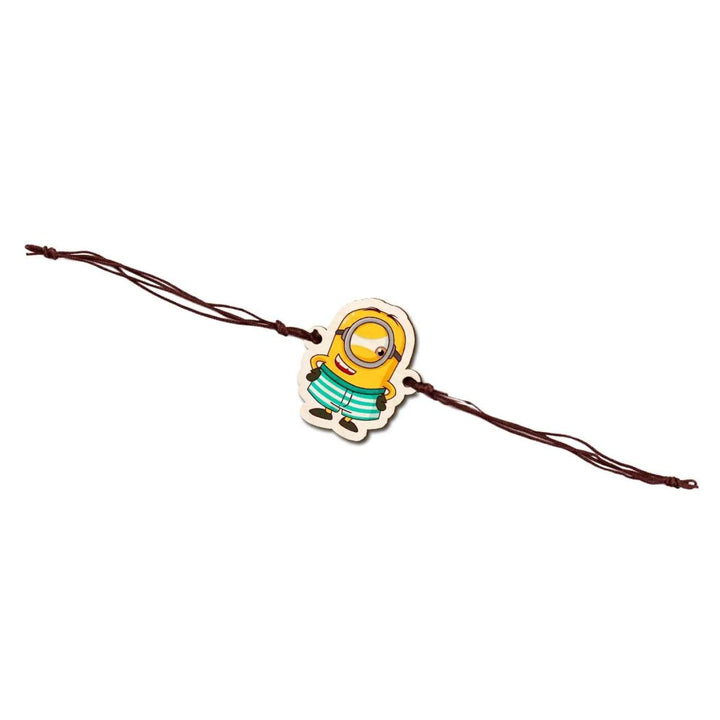 Handmade Minion Wooden Kids Rakhi With Roli Chawal - Flat Lay View