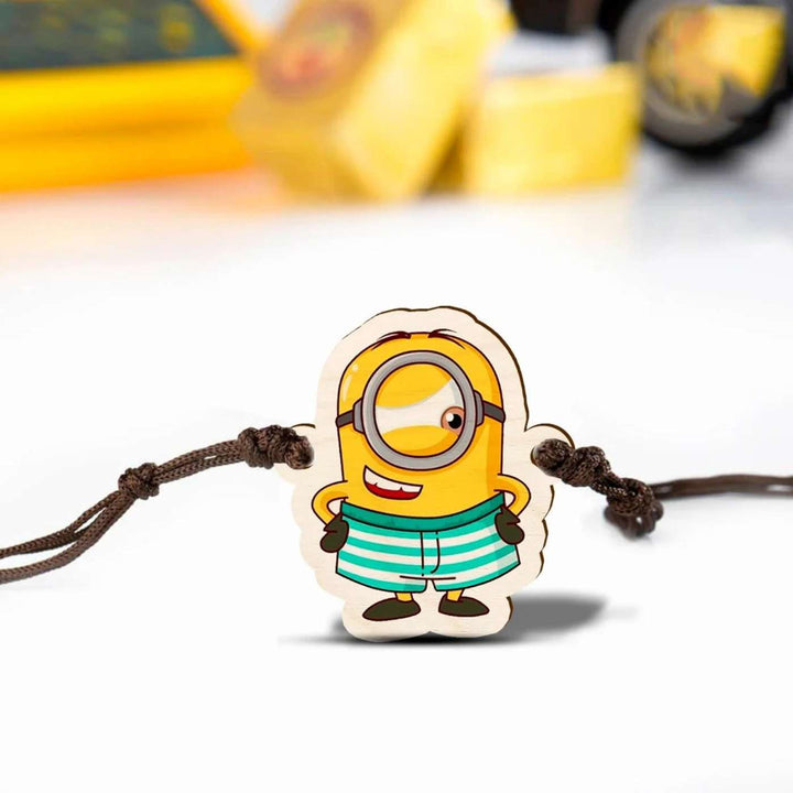 Handmade Minion Wooden Kids Rakhi With Roli Chawal - Front View