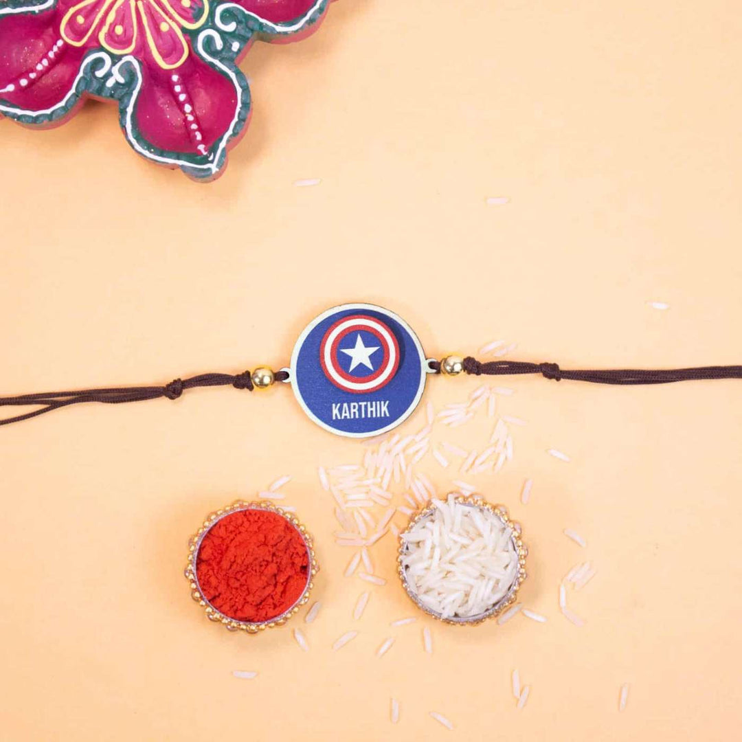 Personalized Handmade Captian America Wooden Kids Rakhi With Roli Chawal - Rakhi with Traditional Puja Items