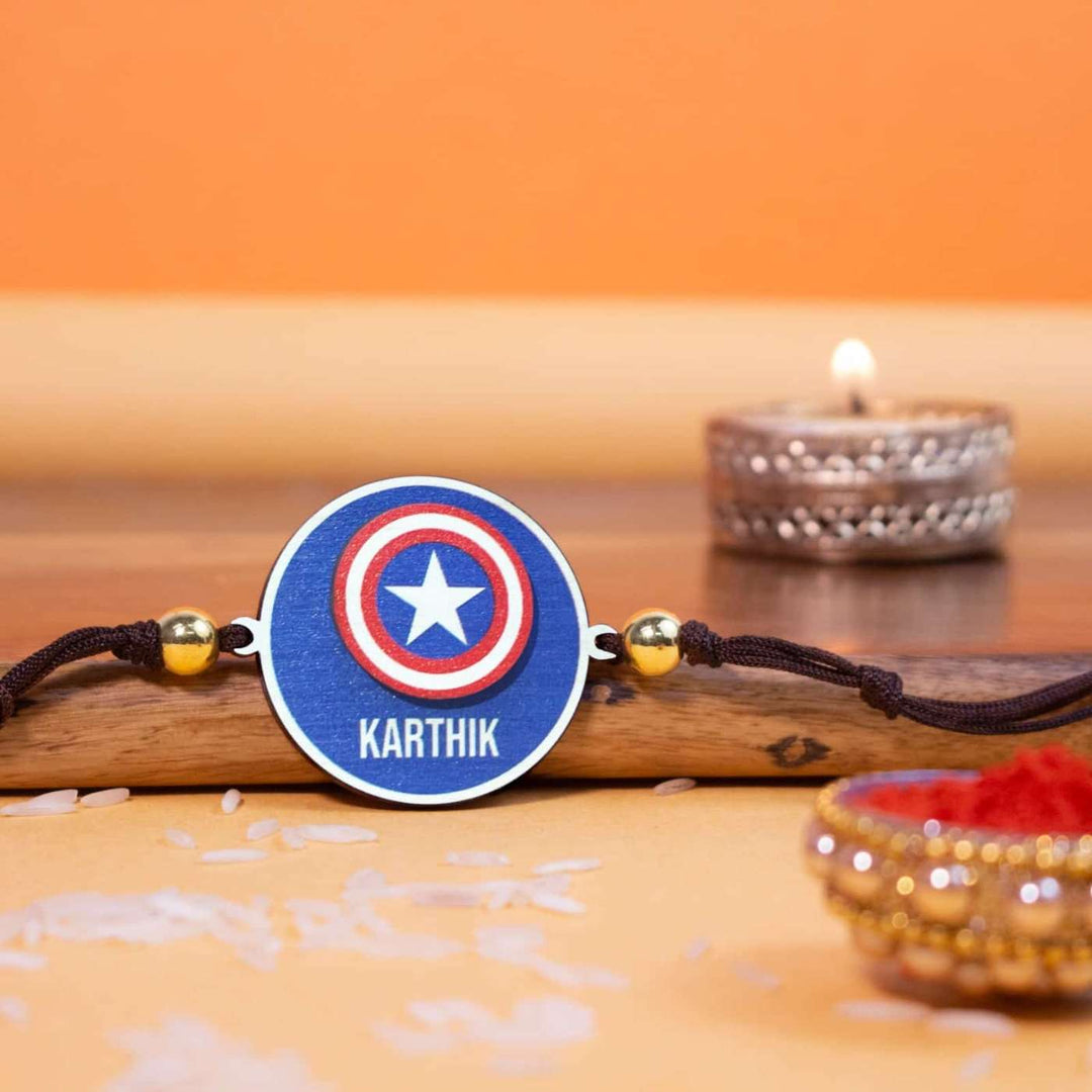 Personalized Handmade Captian America Wooden Kids Rakhi With Roli Chawal - Rakhi Displayed with Festival Decor
