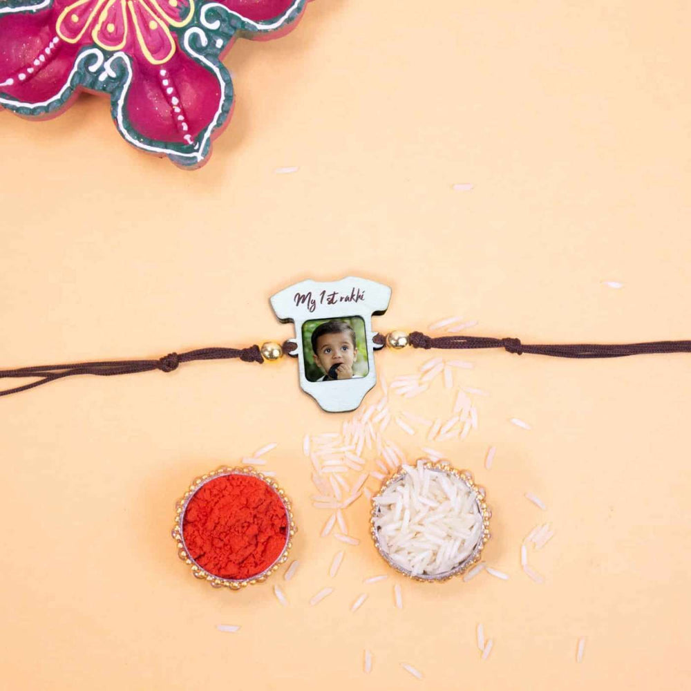 Photo Personalized Handmade My First Rakhi Wooden Kids Rakhi With Roli Chawal - Rakhi with festive background