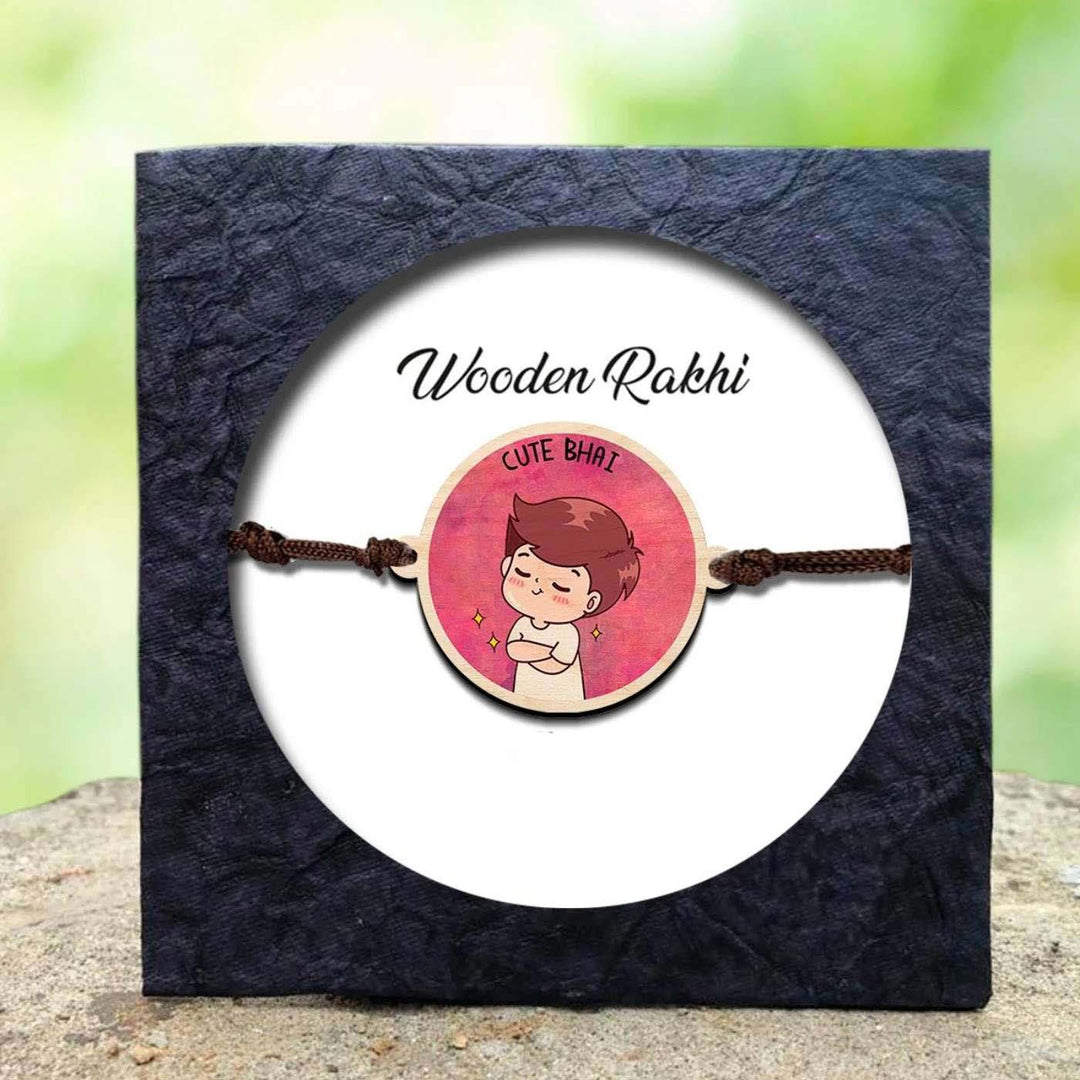 Handmade Cute Bhai Wooden Rakhi With Roli Chawal - Rakhi inside gift packaging